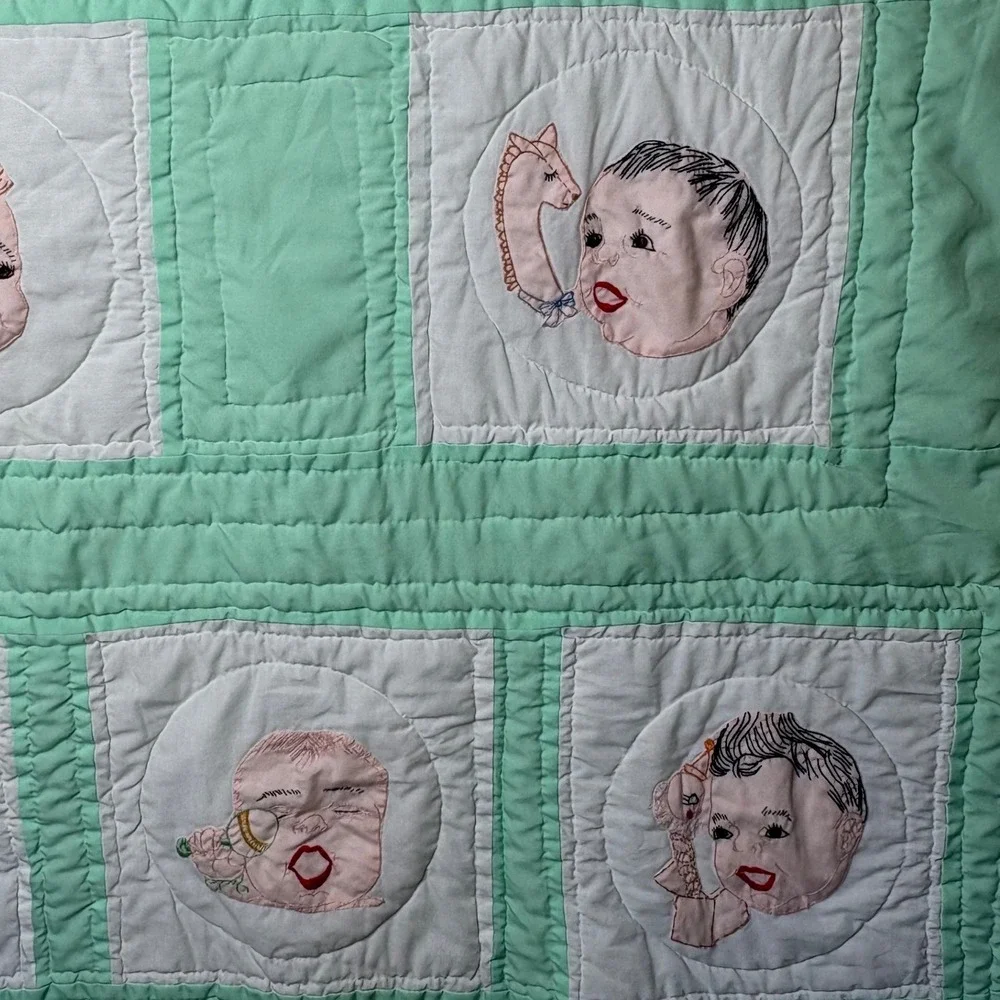 Vtg Kitsch Baby Face Quilt Hand Embroidered Mint Green Mid Century Nursery Boho